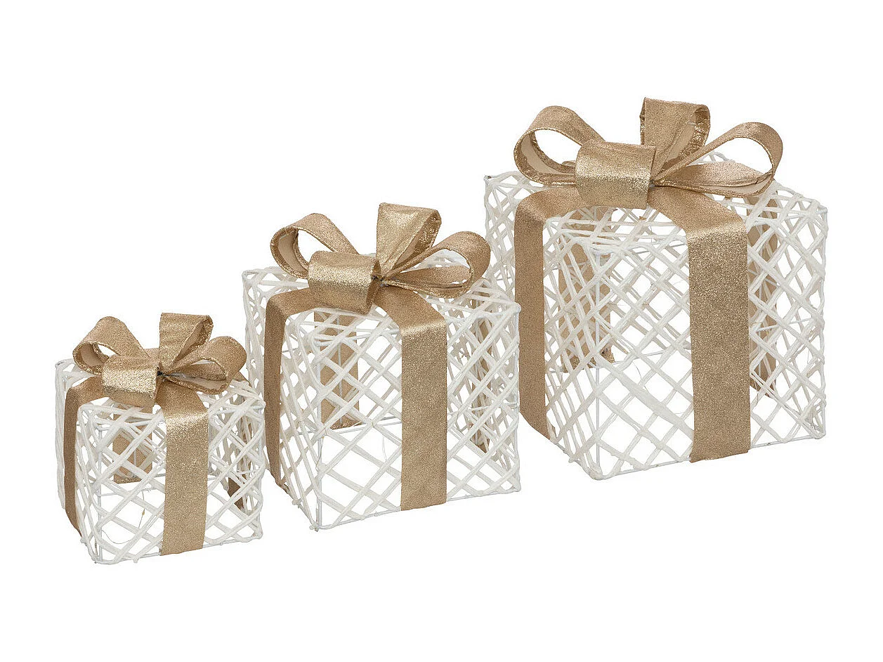 Déco de Noël lumineuse Lot de 3 Paquets Cadeaux Blancs et ruban Champagne