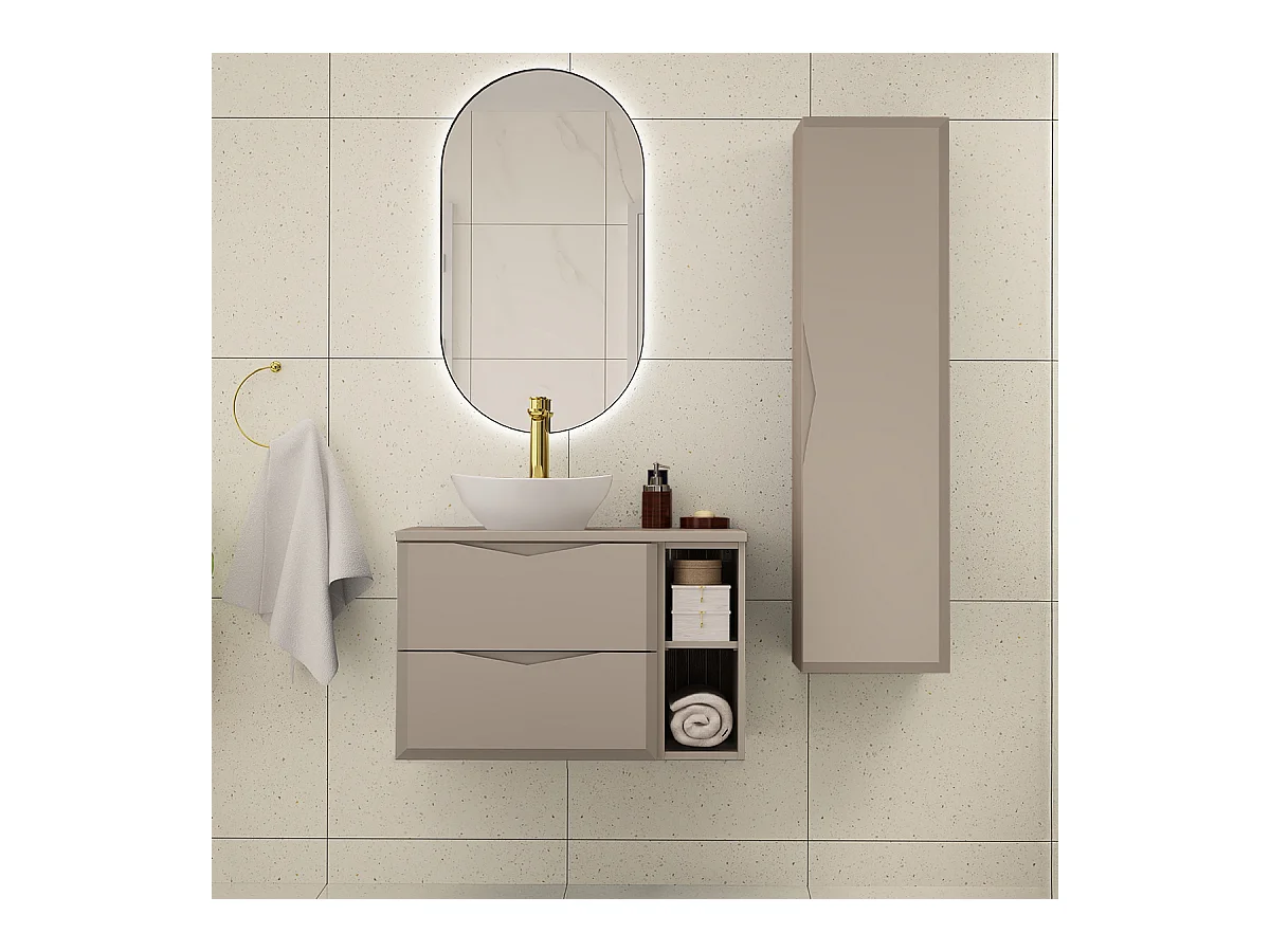 Ensemble meuble simple vasque 80cm 2 niches et colonne Ellie Cachemire