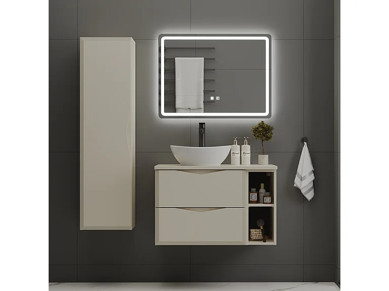 Ensemble meuble simple vasque 80cm 2 niches et colonne Ellie Cachemire