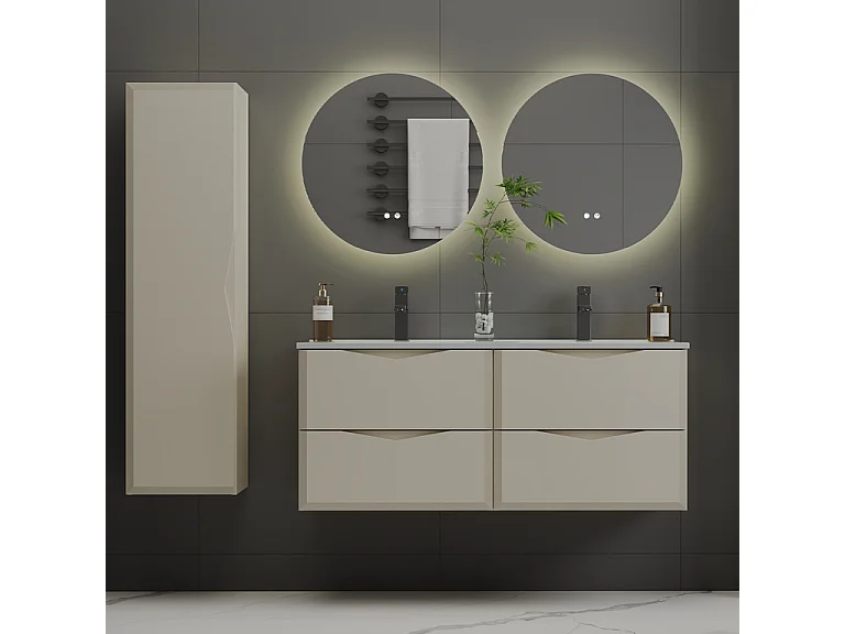 Ensemble meuble double vasque encastrée 120cm et colonne Ellie Cachemire