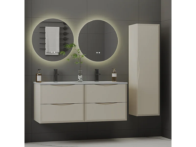 Ensemble meuble double vasque encastrée 120cm et colonne Ellie Cachemire