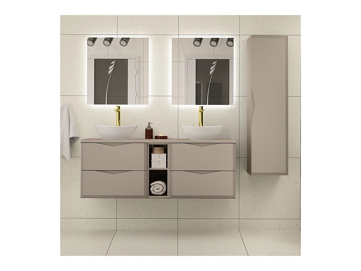 Ensemble meuble double vasque 140cm 2 niches et colonne Ellie Cachemire