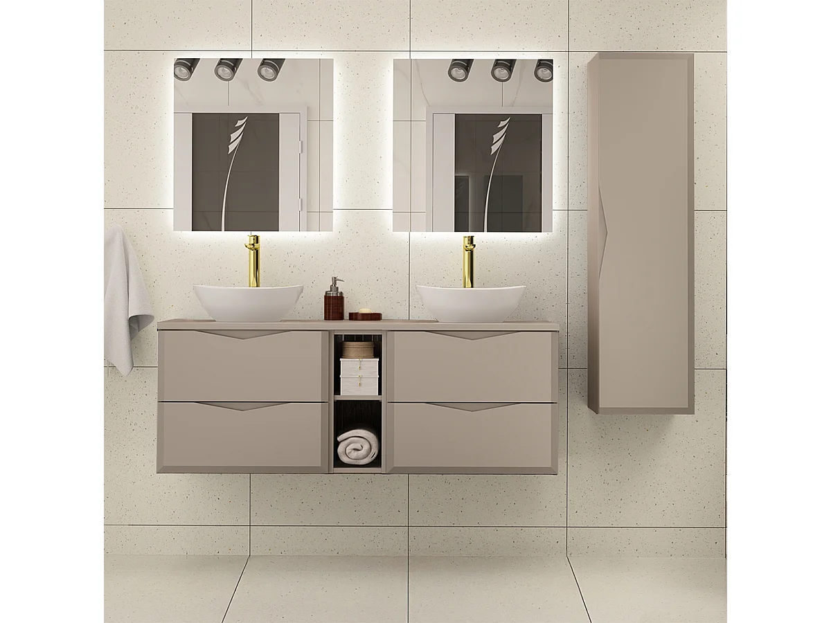 Ensemble meuble double vasque 140cm 2 niches et colonne Ellie Cachemire