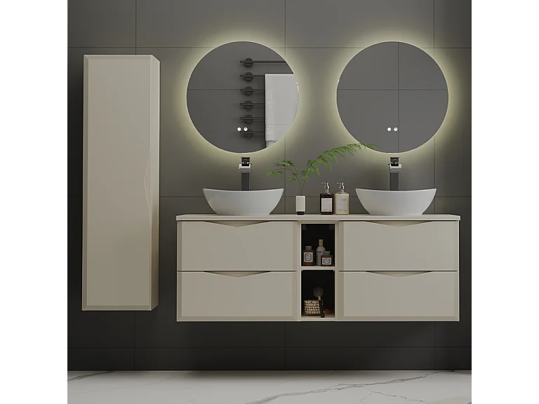 Ensemble meuble double vasque 140cm 2 niches et colonne Ellie Cachemire