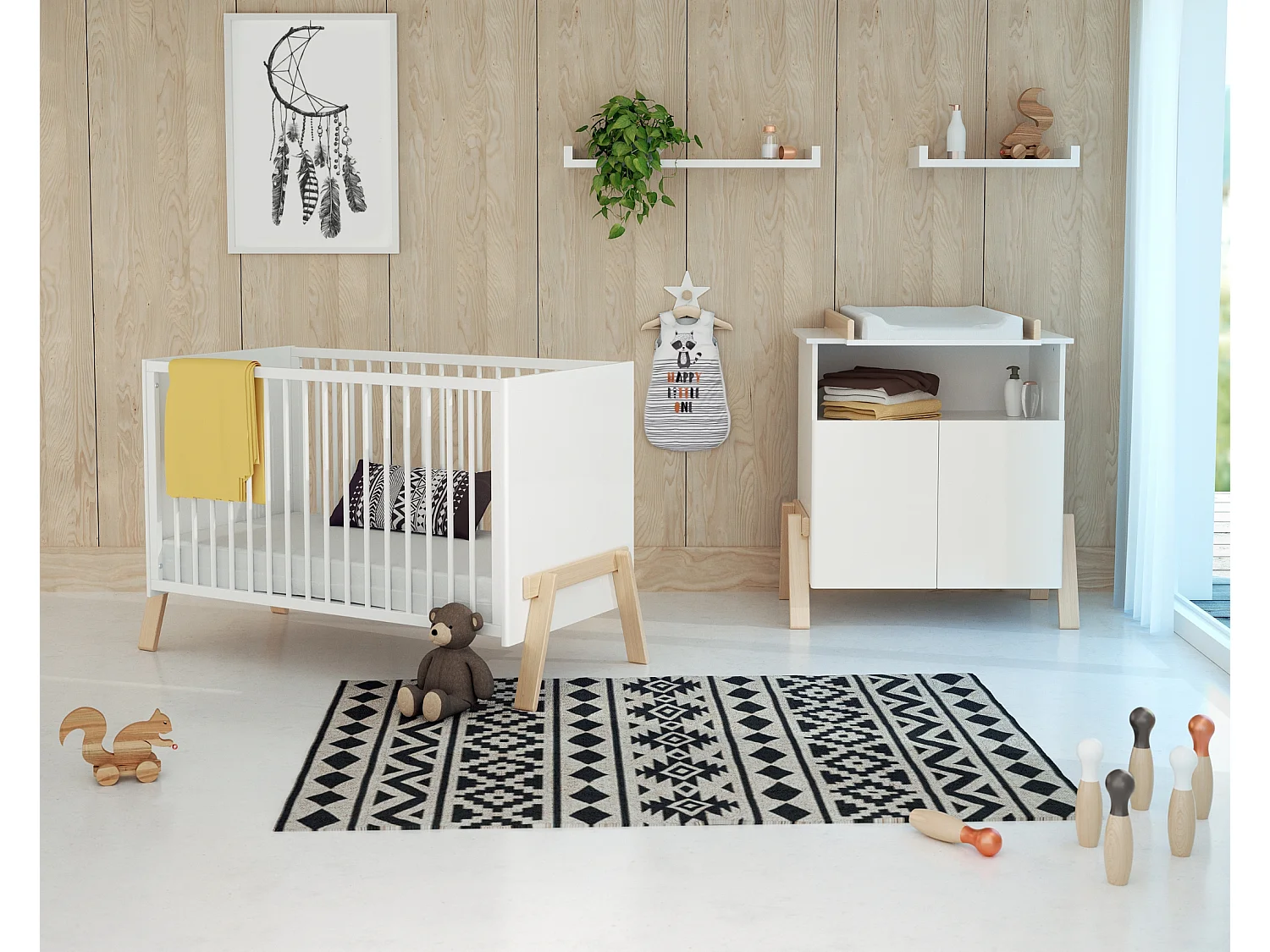 Cuna bebe CANAILLE madera - Blanco/Haya - 60 x 120 - 135 x 64 x 84 cm