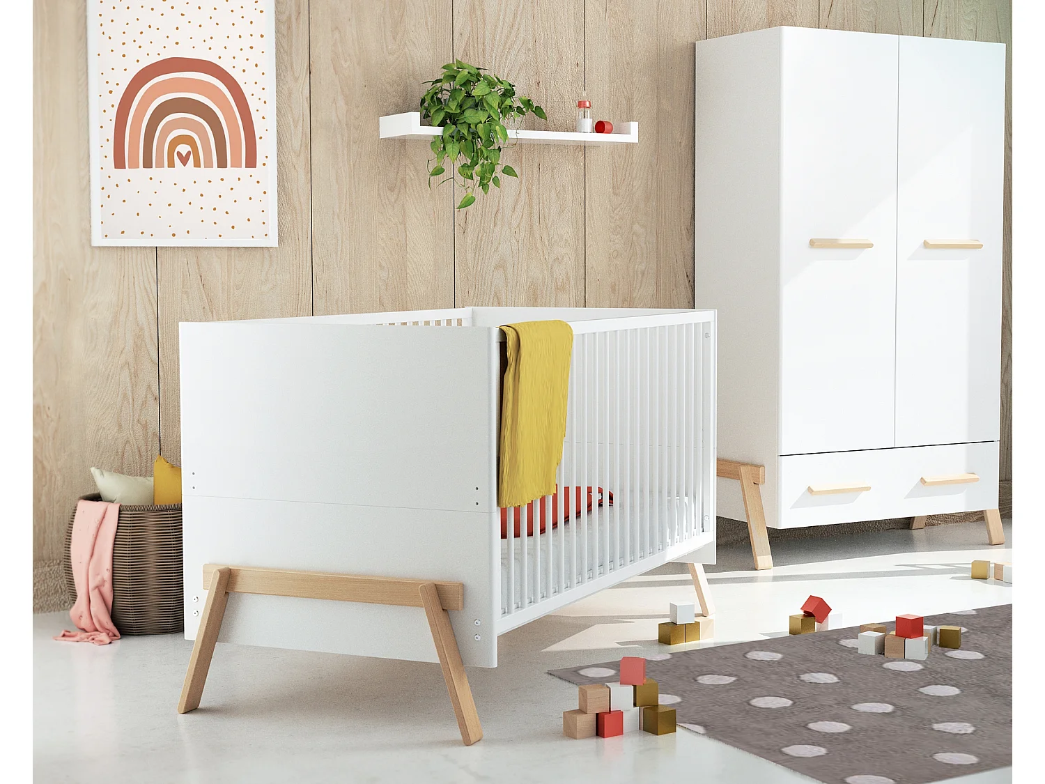 Lit bébé évolutif en bois CANAILLE Blanc et Hêtre Verni 70 x 140 cm