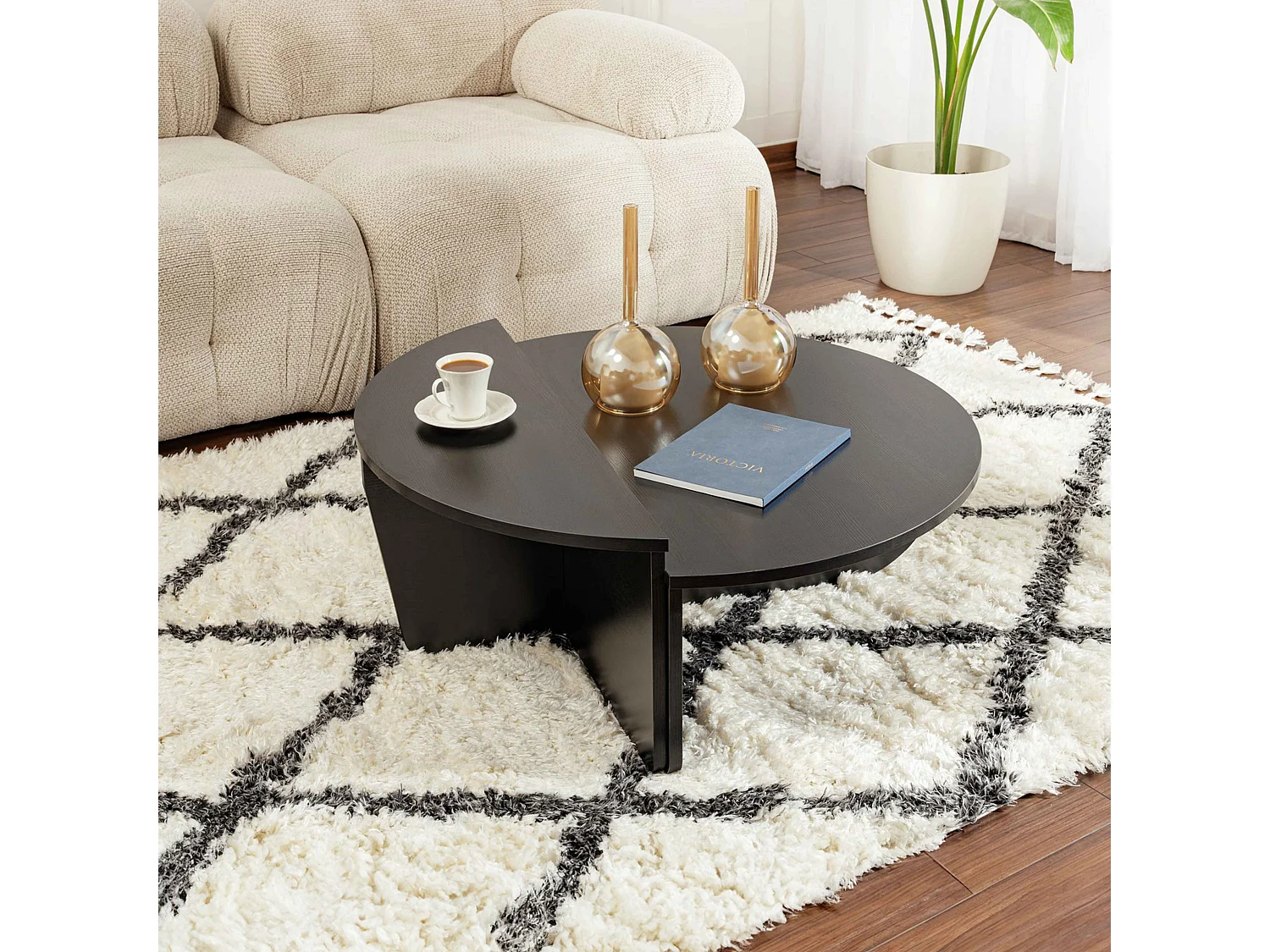 Table basse ovale en mélaminé effet bois noire