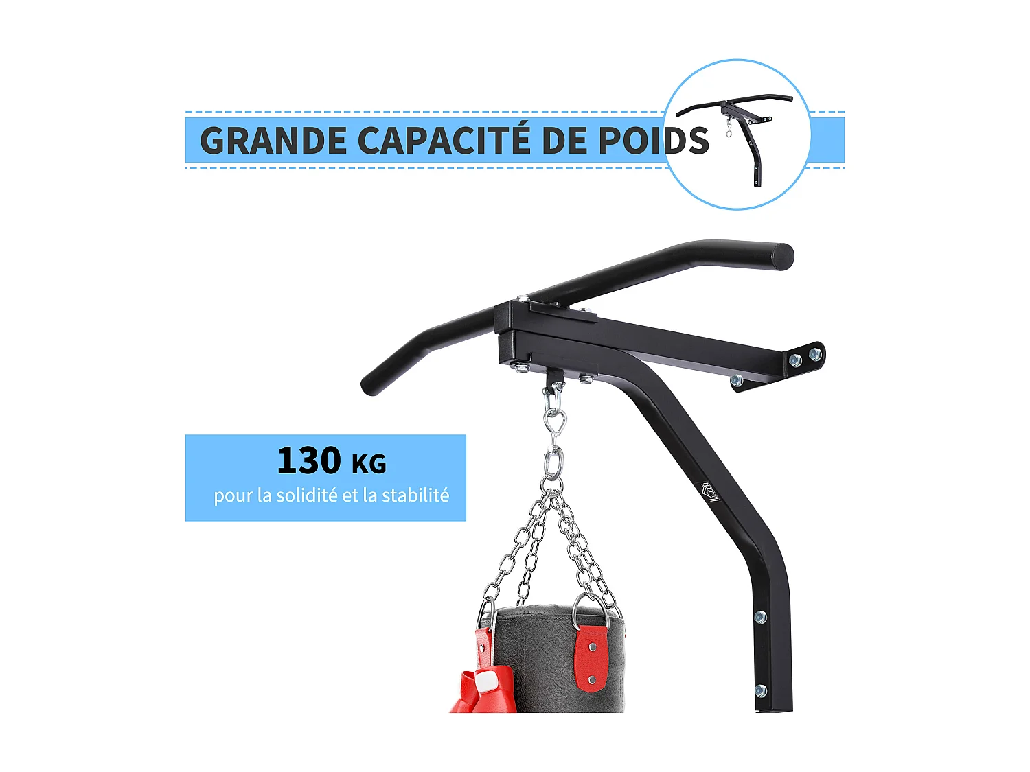 Support sac de boxe fixation sac de frappe barre de traction intégrée charge max. 130 Kg acier noir