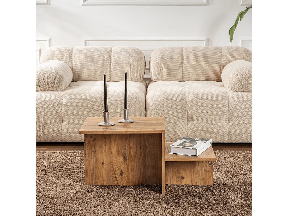 Skandynawski stolik kawowy Harmony 80x40x40 cm, płyta wiórowa melaminowana, wykończenie marmur trawertyn, prostokątny design brązowy