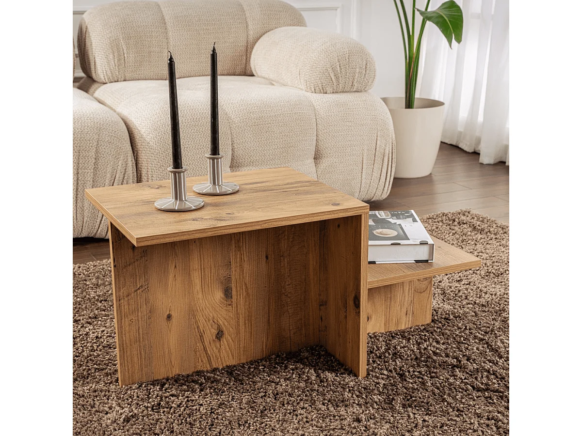 Skandynawski stolik kawowy Harmony 80x40x40 cm, płyta wiórowa melaminowana, wykończenie marmur trawertyn, prostokątny design brązowy