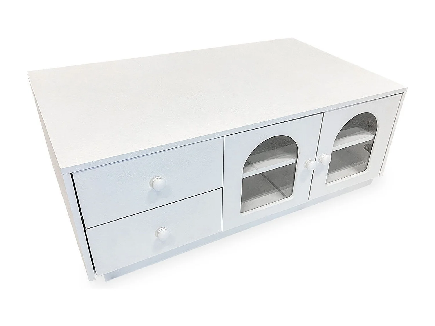 Table basse 60x100cm avec portes et tiroirs style naturel chic Volos Blanc texturé