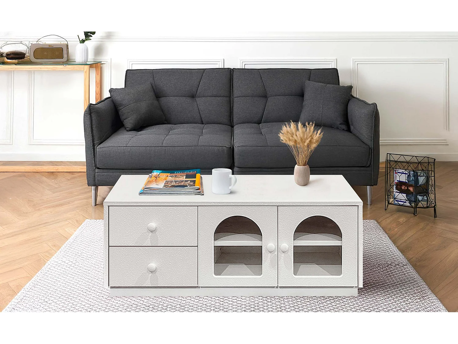 Table basse 60x100cm avec portes et tiroirs style naturel chic Volos Blanc texturé