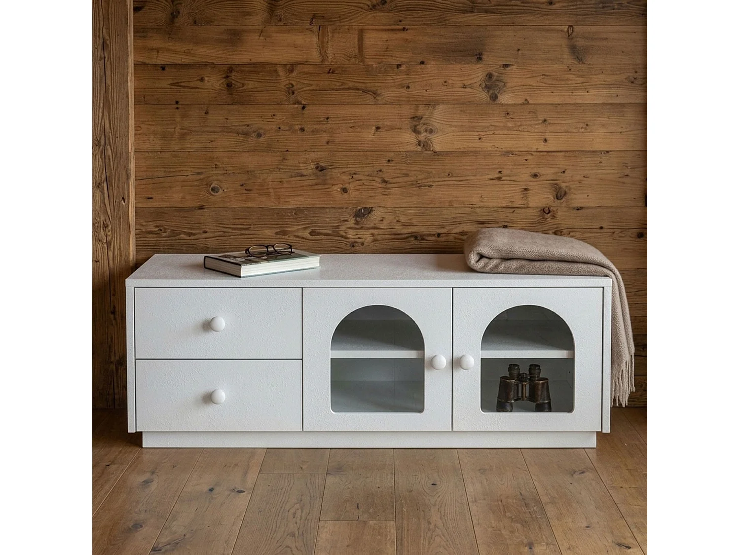Table basse 60x100cm avec portes et tiroirs style naturel chic Volos Blanc texturé
