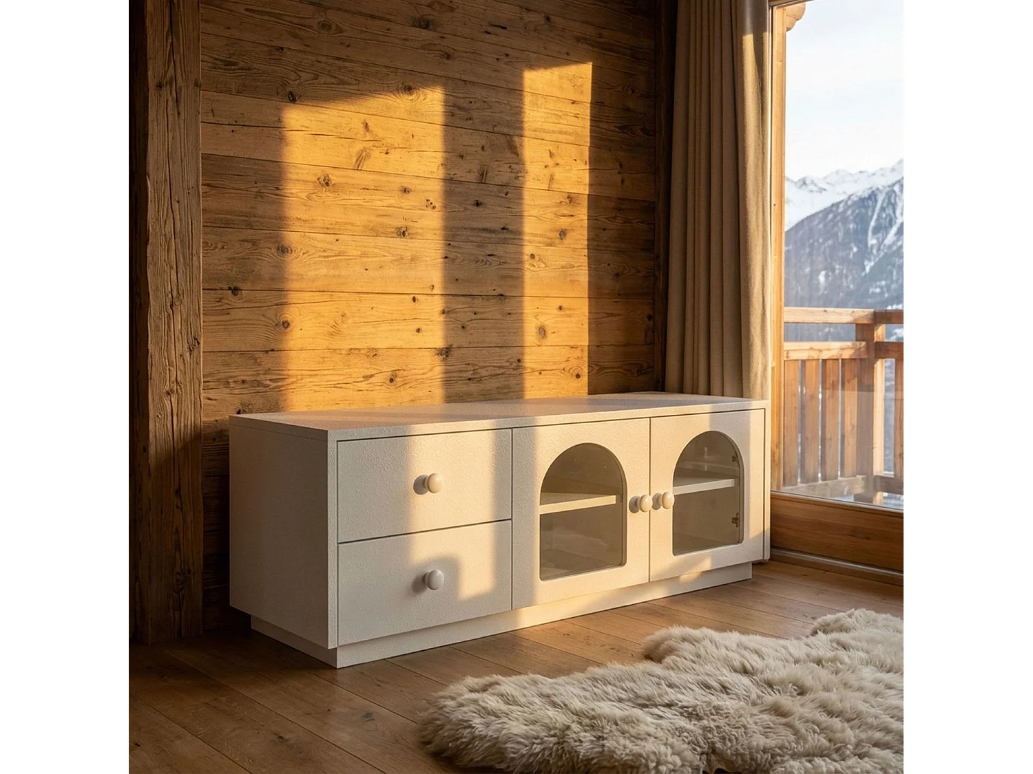 Table basse 60x100cm avec portes et tiroirs style naturel chic Volos Blanc texturé