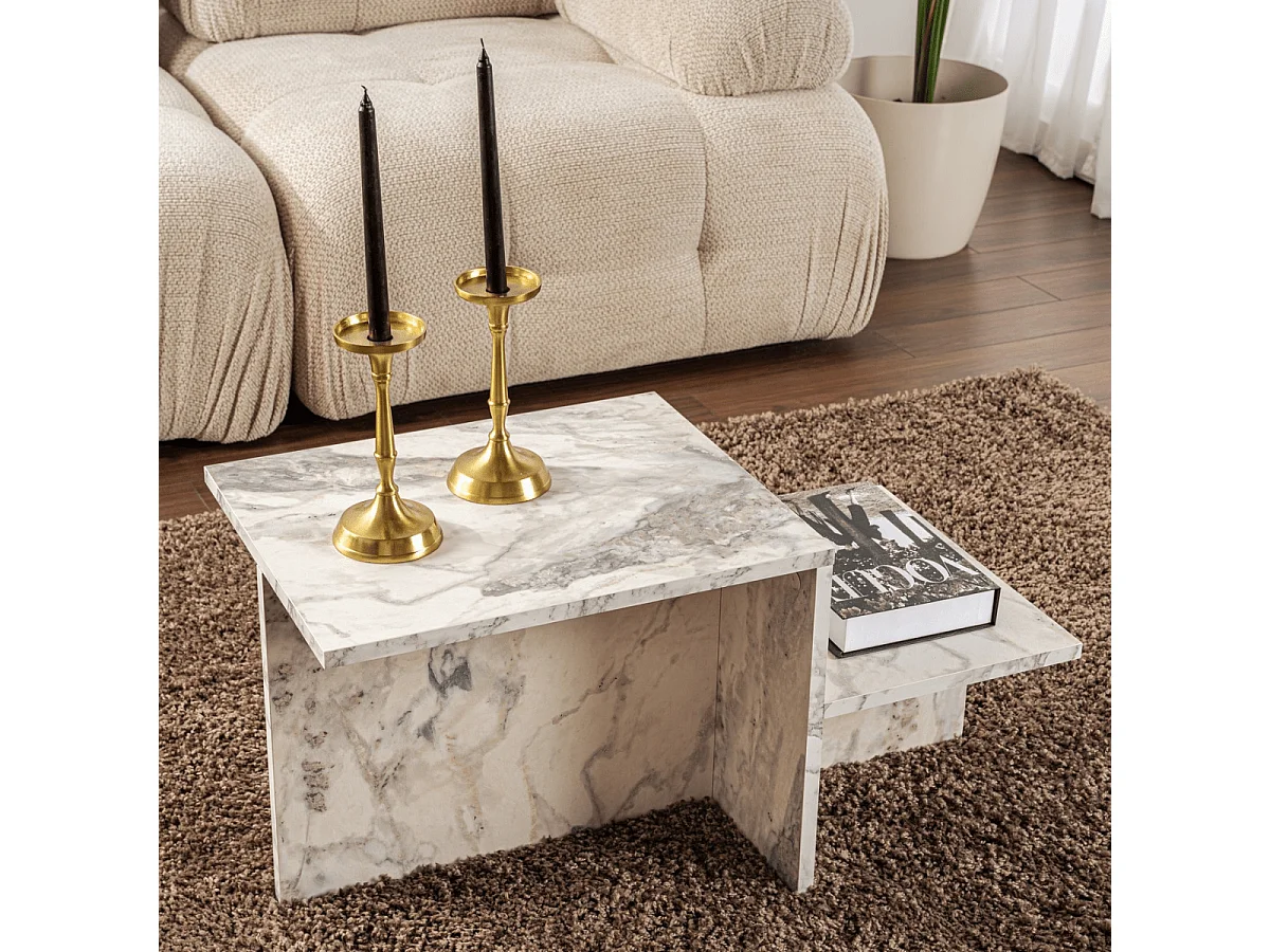 Prostokątny stolik kawowy Harmony 80x40x40 cm efekt marmuru Freesia, płyta wiórowa melaminowana, styl skandynawski, bez przechowywania