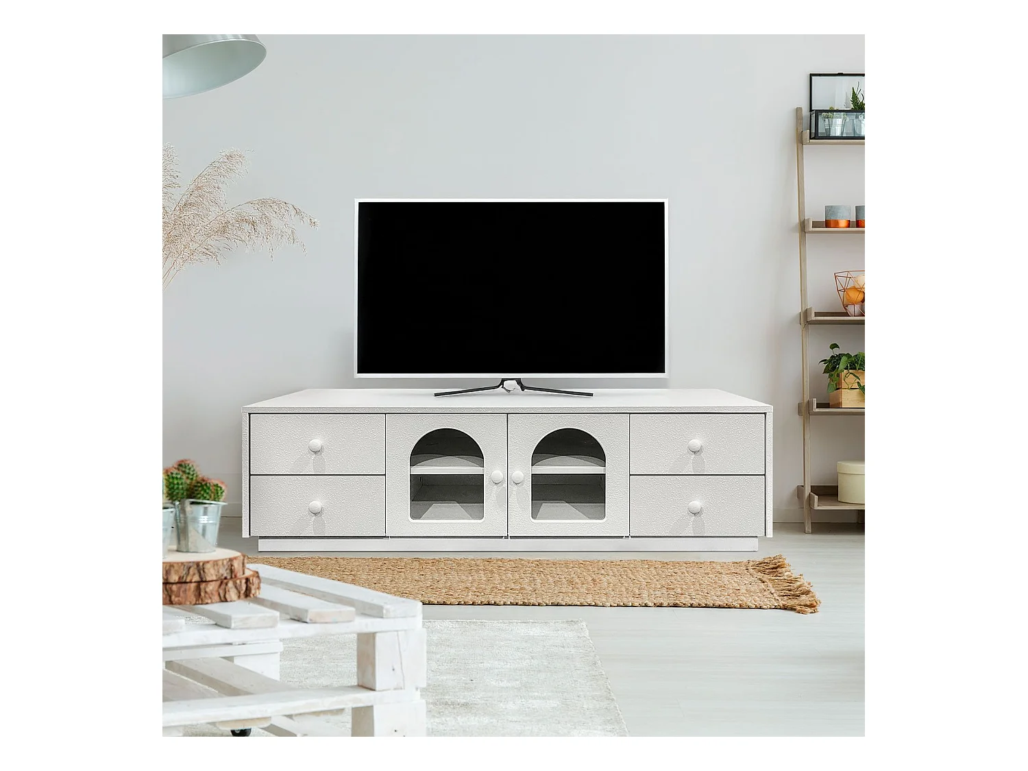 Meuble tv 140cm avec portes et tiroirs style naturel chic Volos Blanc texturé