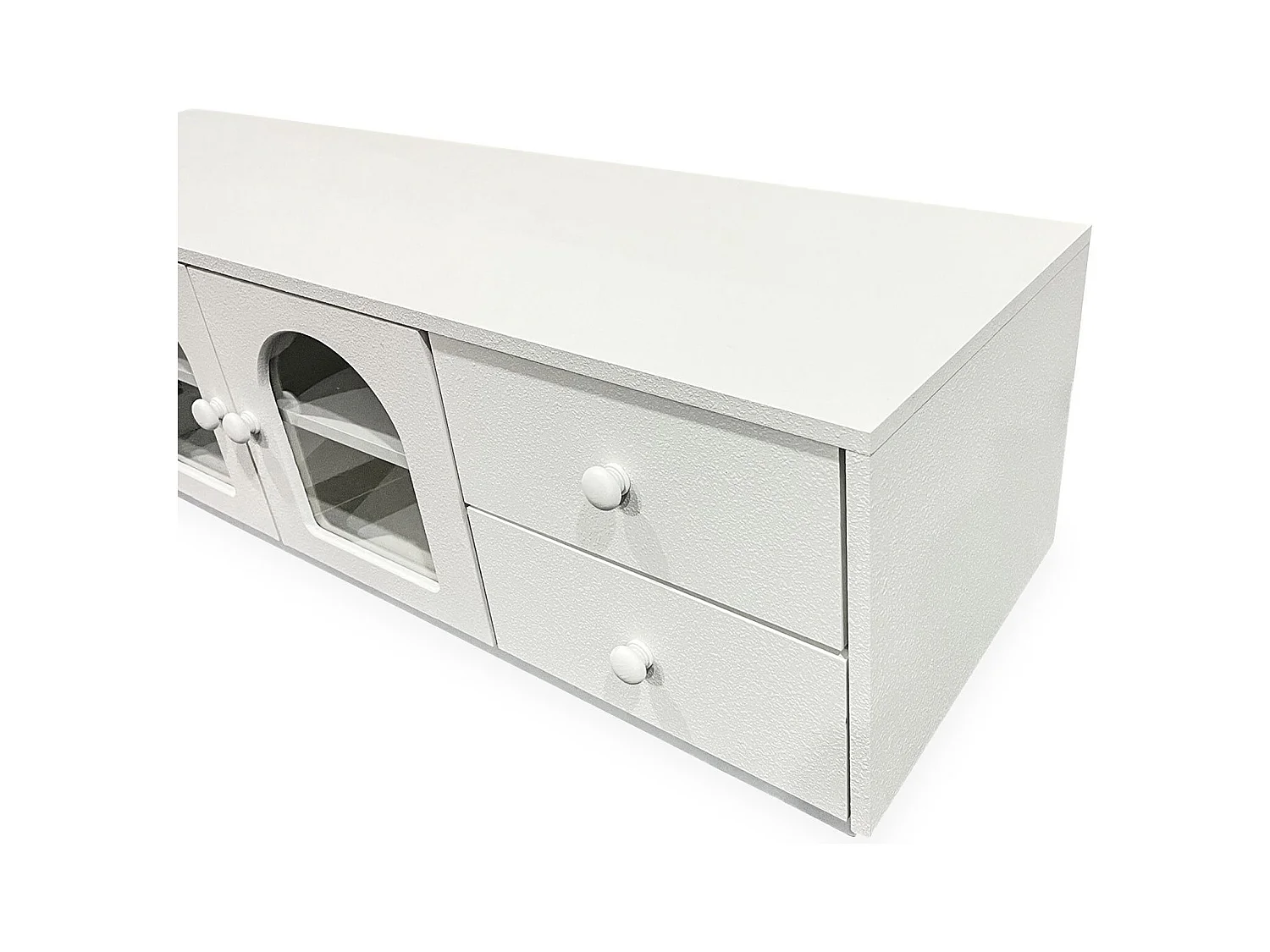 Meuble tv 140cm avec portes et tiroirs style naturel chic Volos Blanc texturé