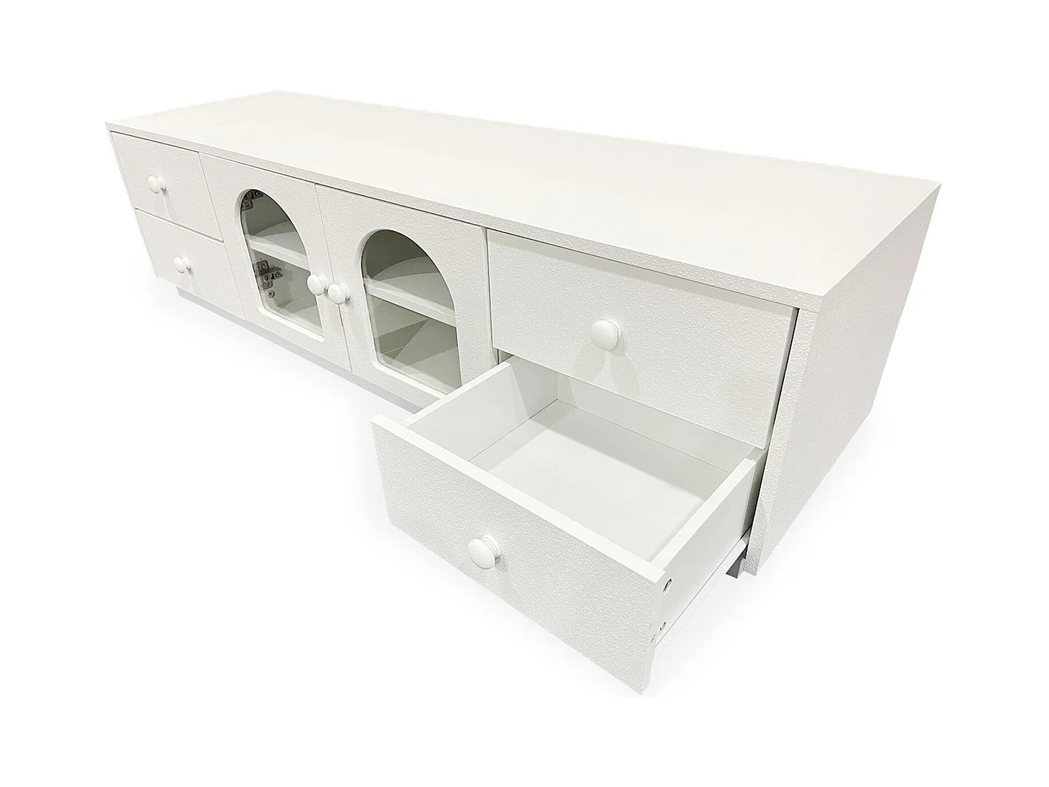 Meuble tv 140cm avec portes et tiroirs style naturel chic Volos Blanc texturé