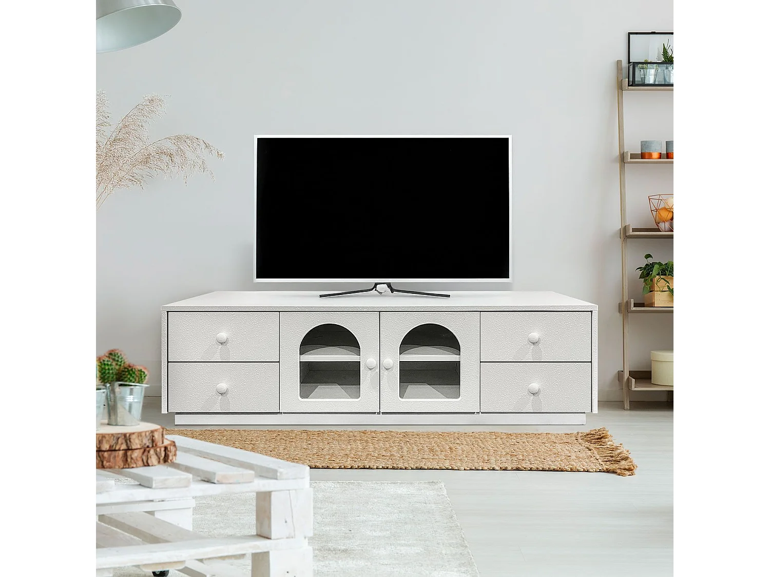Meuble tv 140cm avec portes et tiroirs style naturel chic Volos Blanc texturé