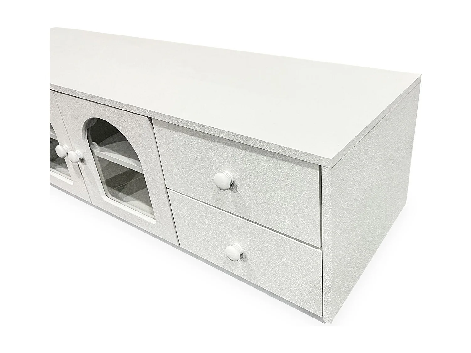 Meuble tv 140cm avec portes et tiroirs style naturel chic Volos Blanc texturé