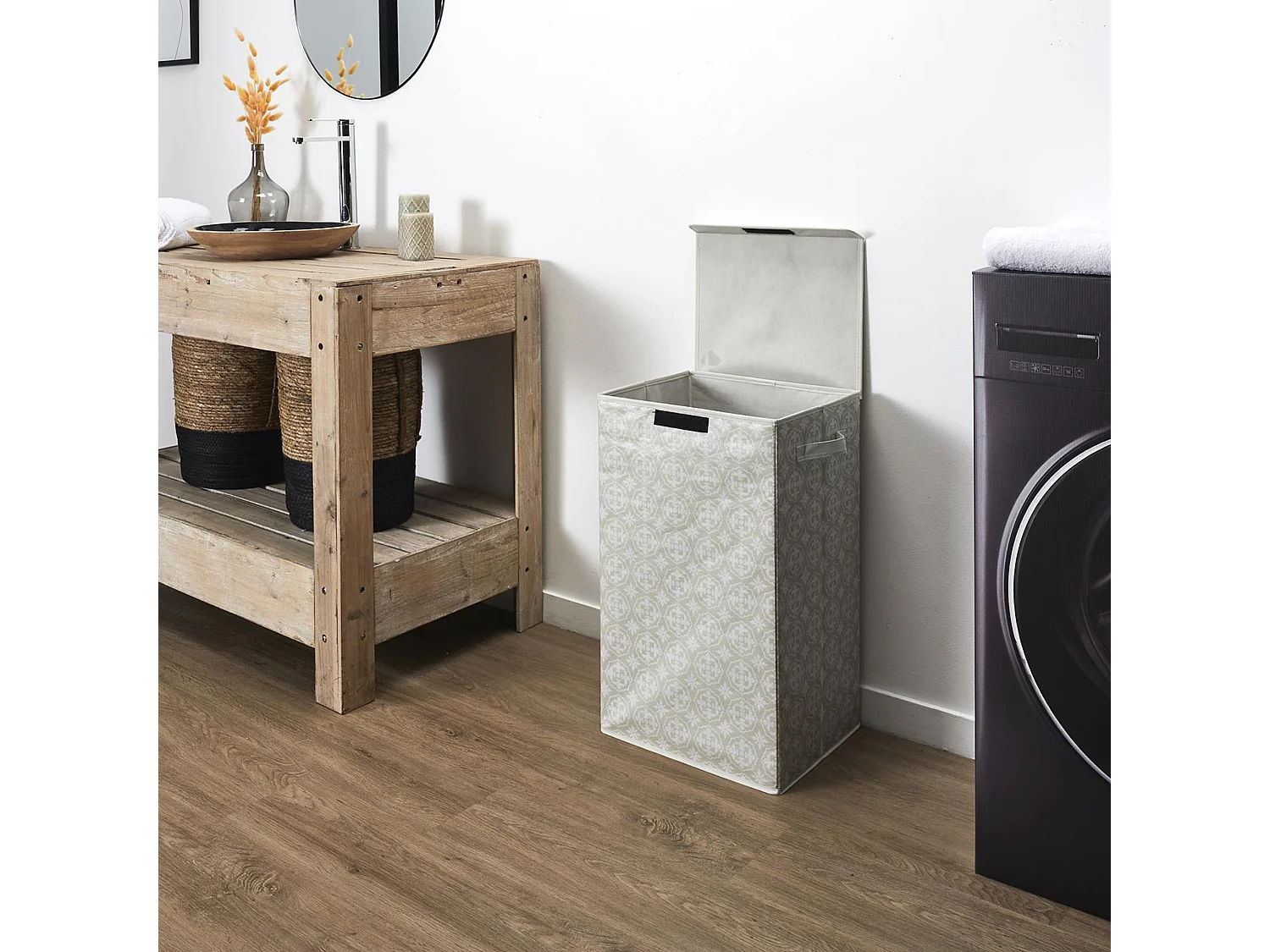 Panier de linge en polyester BOMBAY pliable motif damassé beige