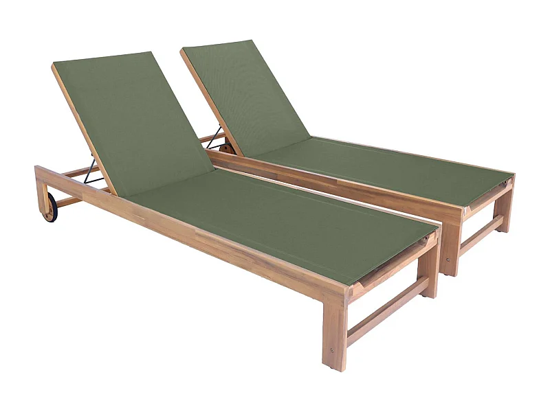 Tumbona de madera de acacia, multiposición, con ruedas, set de 2 verde