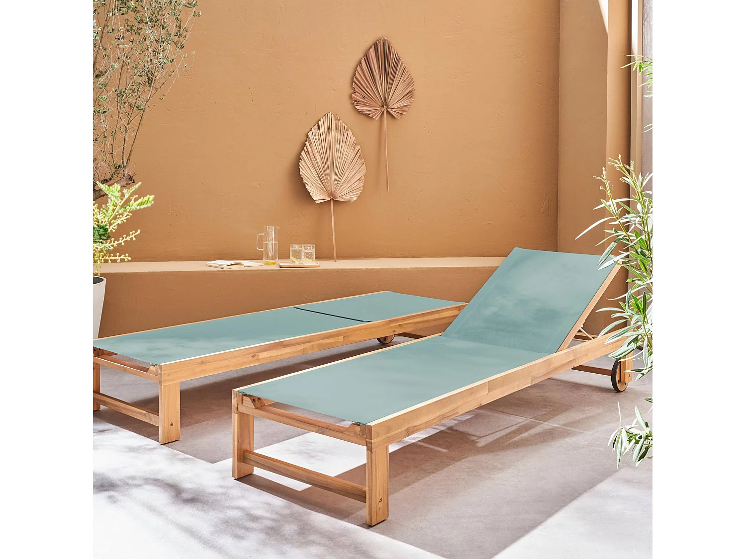 Set di 2 lettini prendisole in legno multiposizione, verde kaki