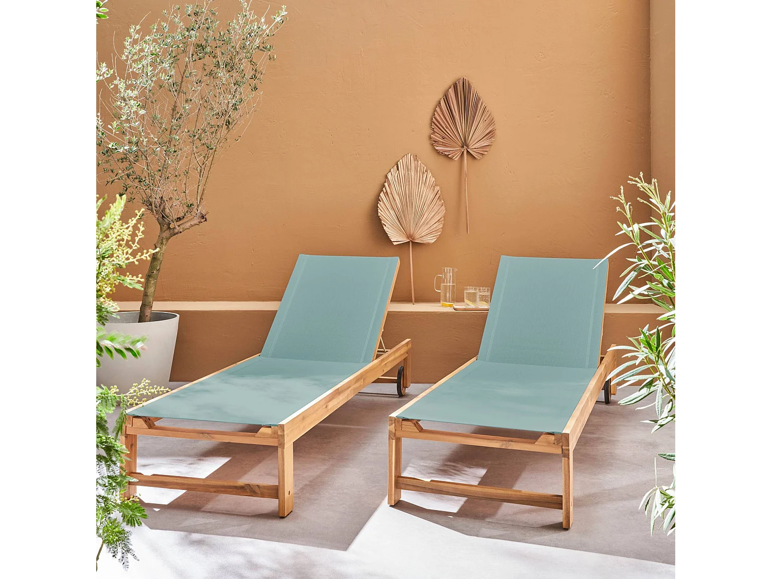 Set di 2 lettini prendisole in legno multiposizione, verde kaki