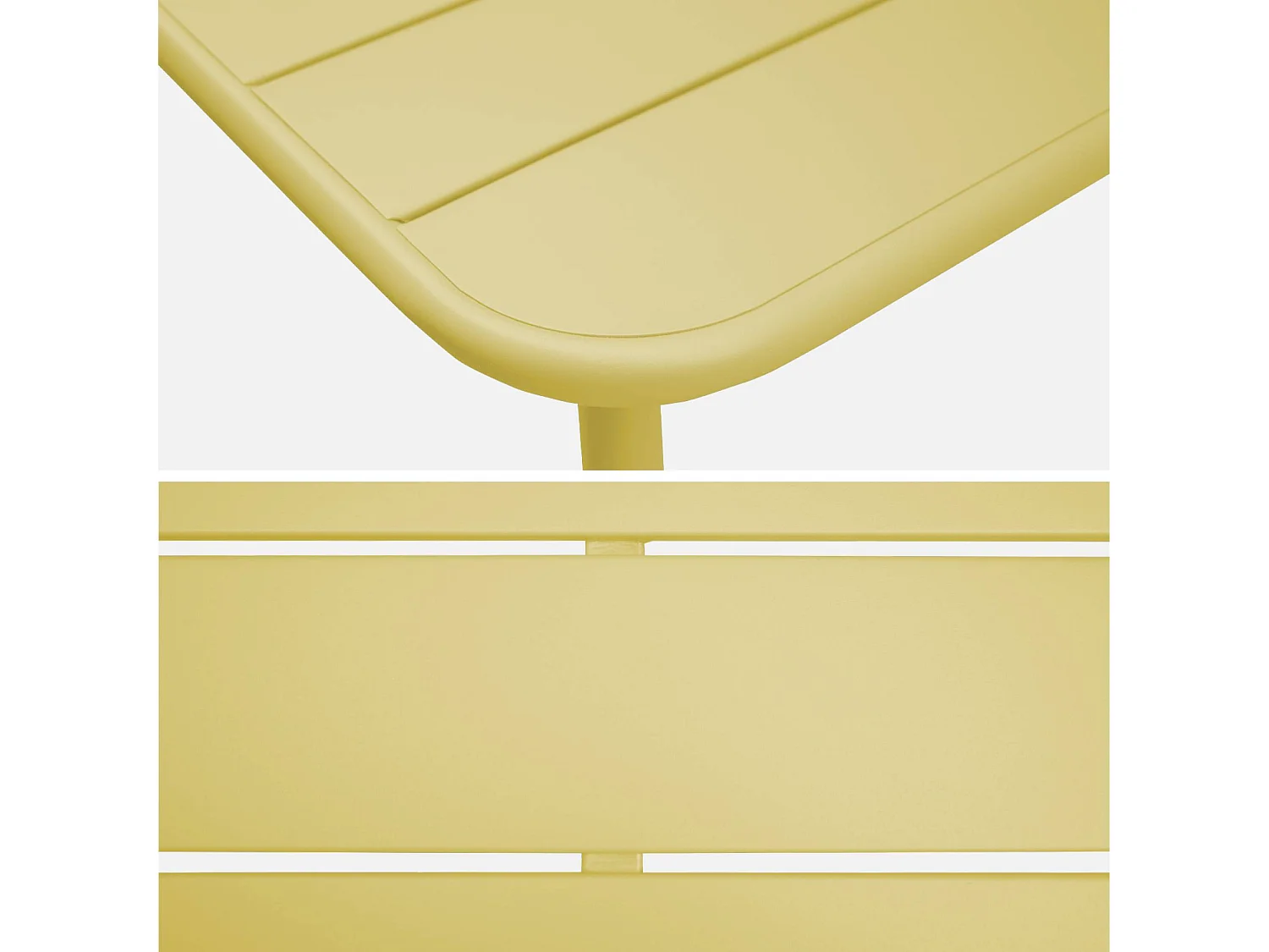 Table de jardin métal 4 places. jaune. Amelia. 120x70cm. traitement antirouille. lattes et bords arrondis