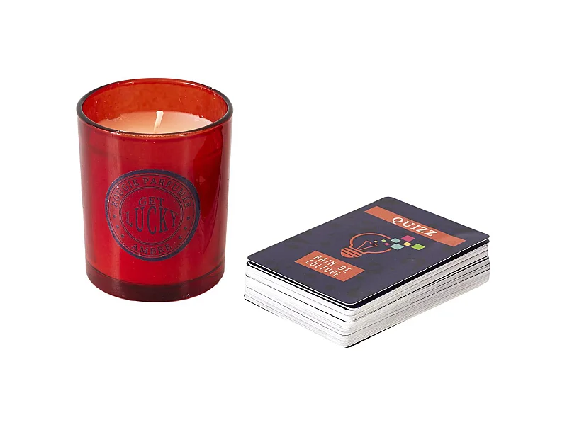 Coffret cadeau 1 bougie parfumée et 1 jeu de cartes quizz GET LUCKY