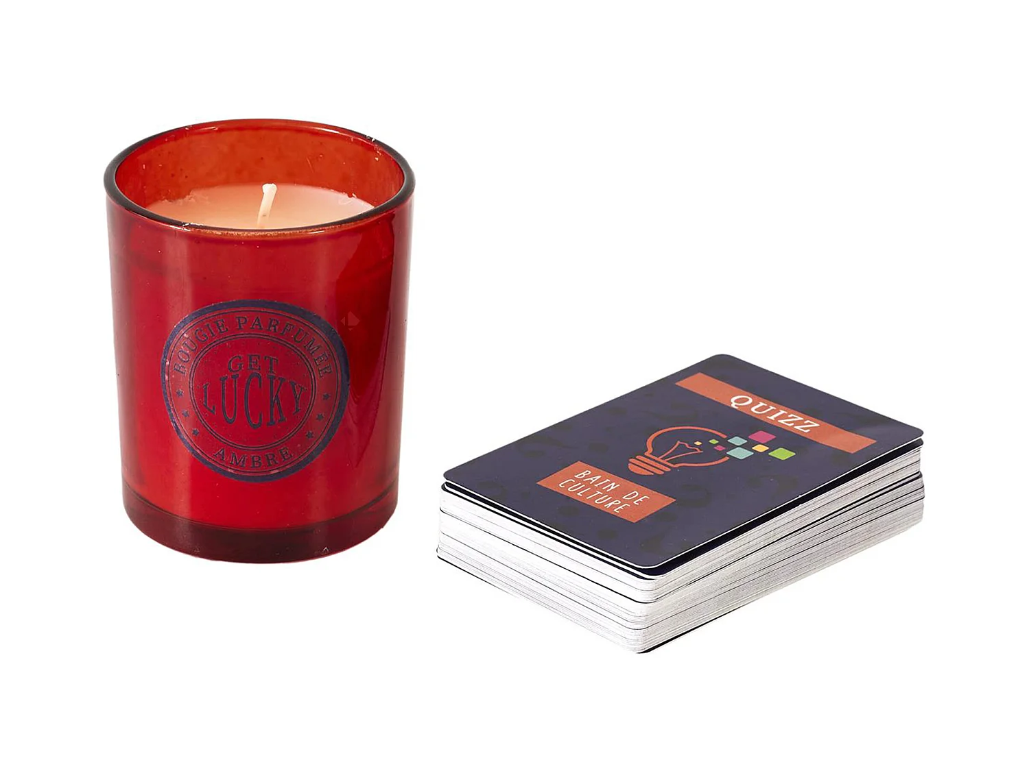 Coffret cadeau 1 bougie parfumée et 1 jeu de cartes quizz GET LUCKY