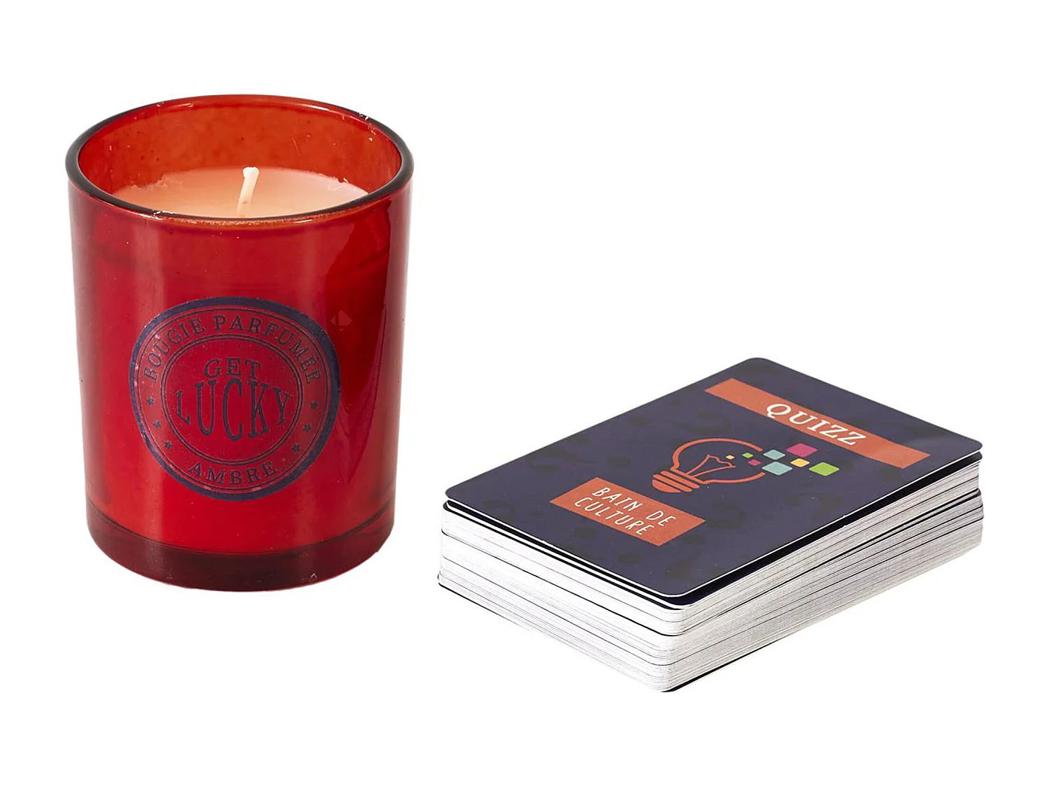 Coffret cadeau 1 bougie parfumée et 1 jeu de cartes quizz GET LUCKY