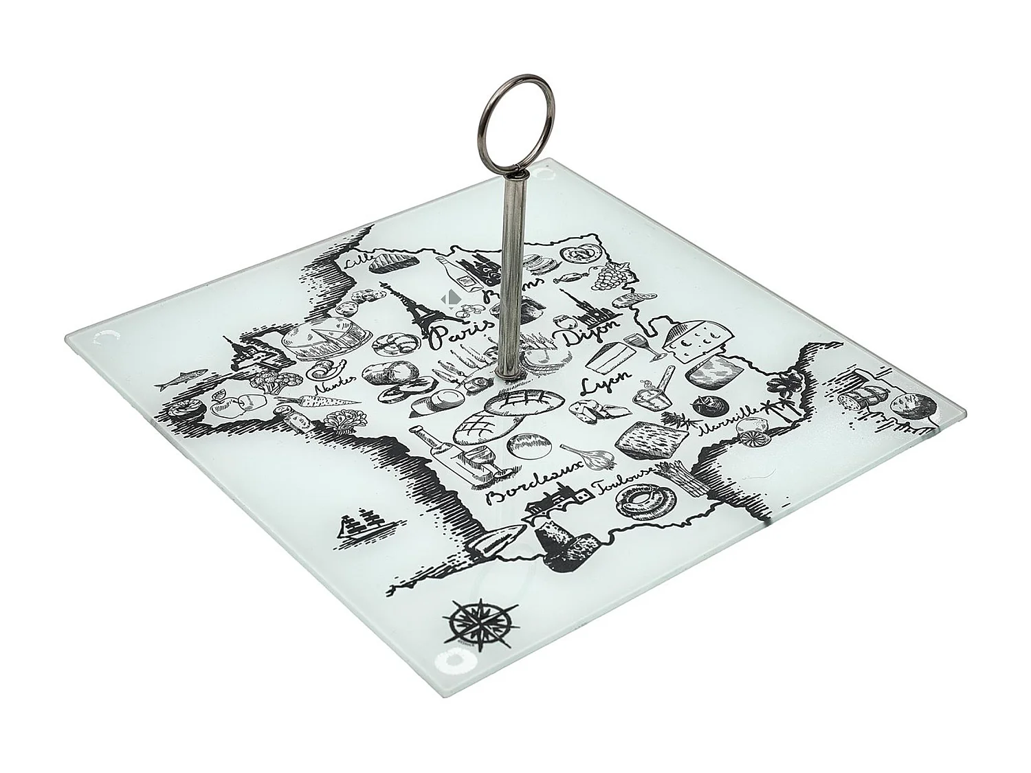 Plateau en verre FRANCE ET FROMAGES forme carte de la France beige et blanc