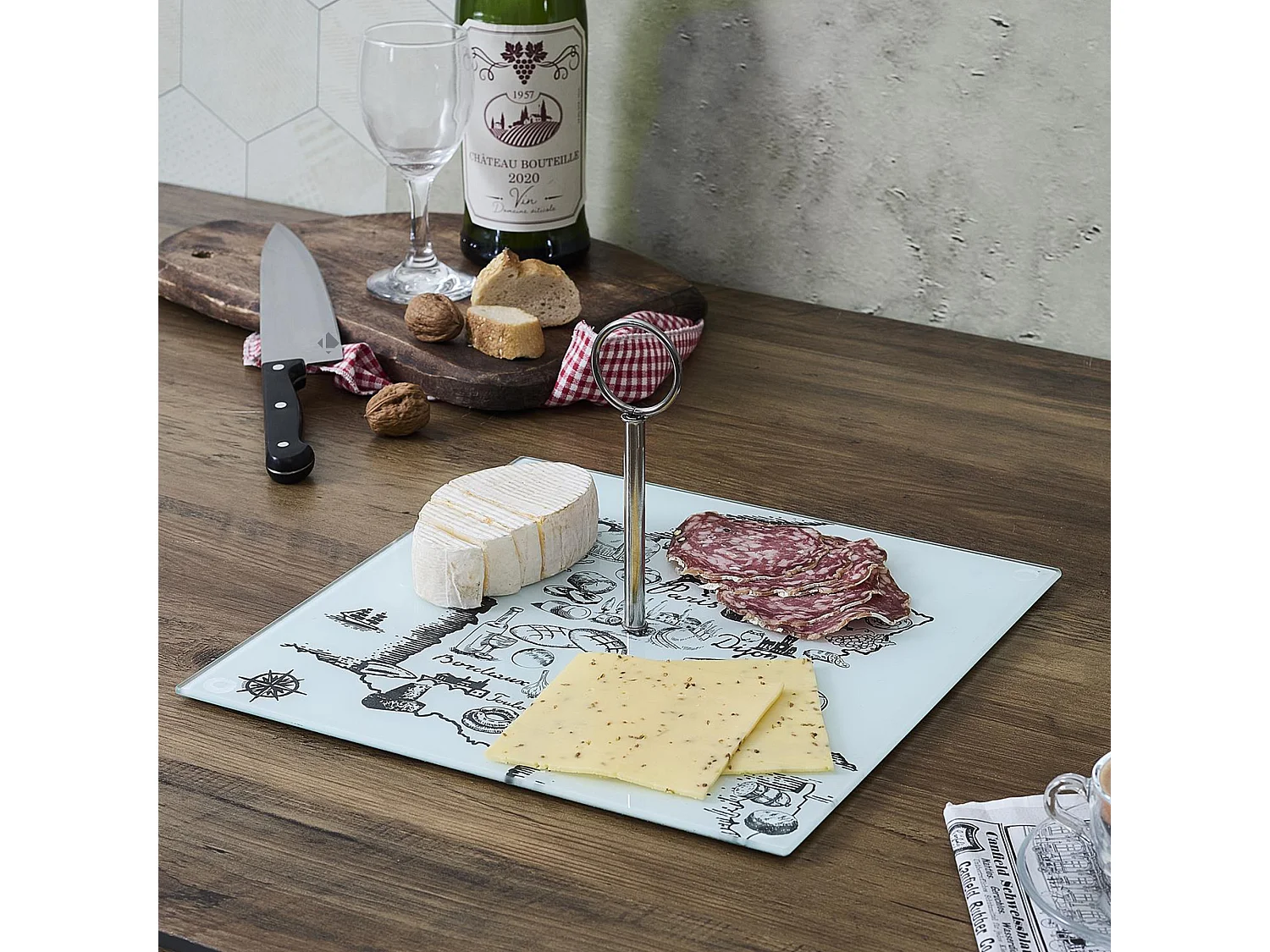 Plateau en verre FRANCE ET FROMAGES forme carte de la France beige et blanc