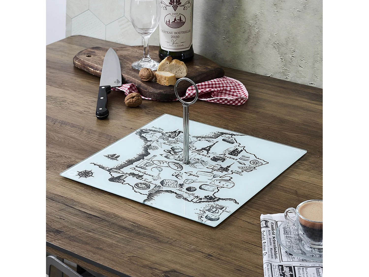 Plateau en verre FRANCE ET FROMAGES forme carte de la France beige et blanc