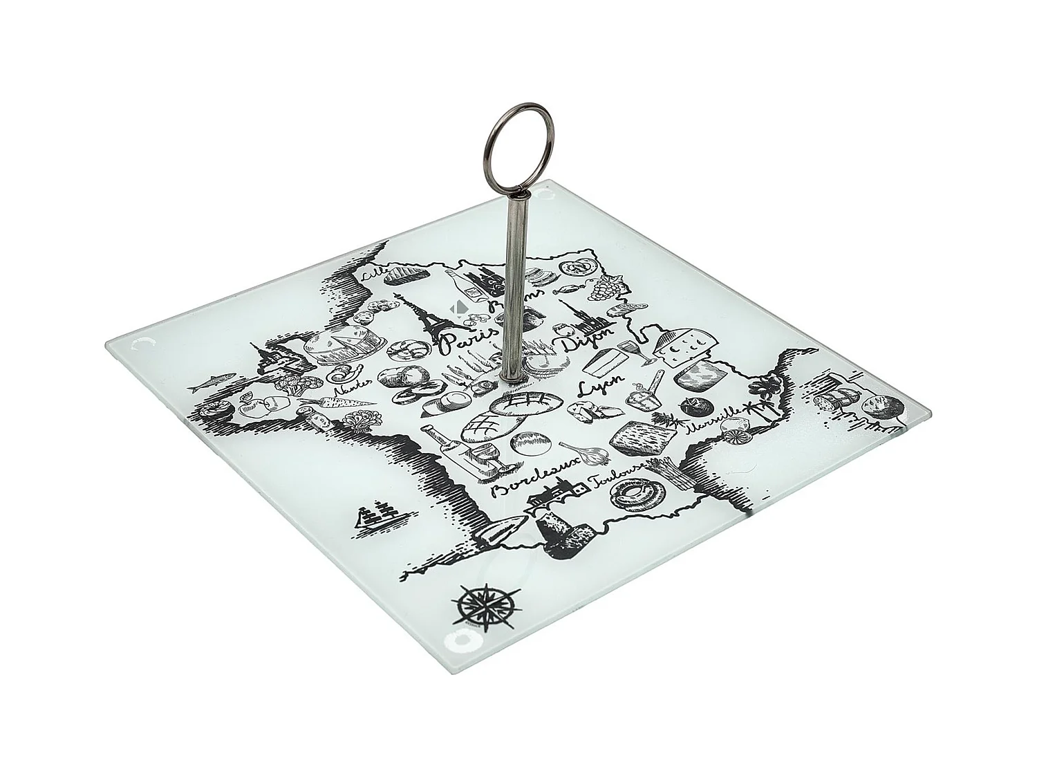Plateau en verre FRANCE ET FROMAGES forme carte de la France beige et blanc