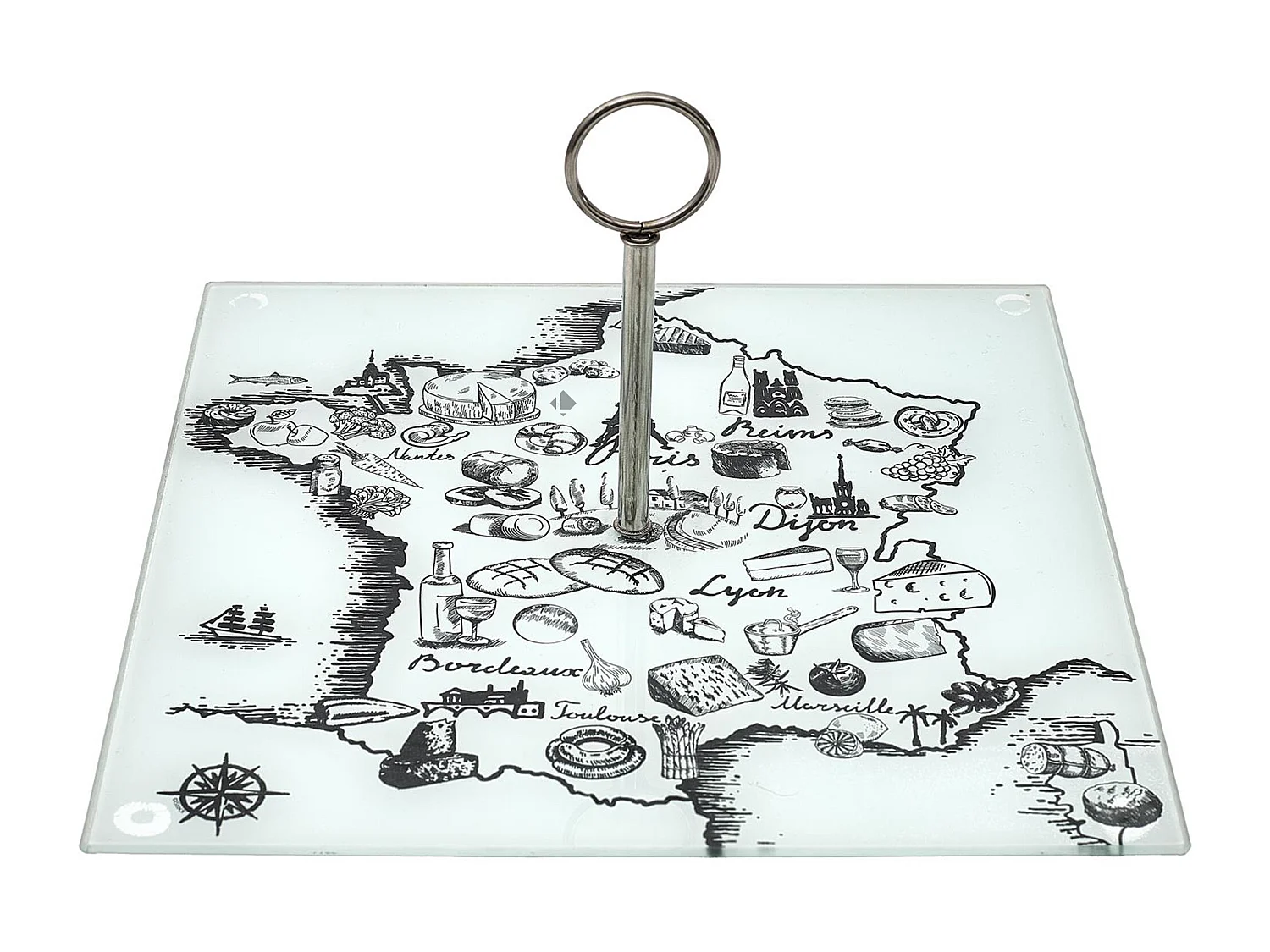 Plateau en verre FRANCE ET FROMAGES forme carte de la France beige et blanc