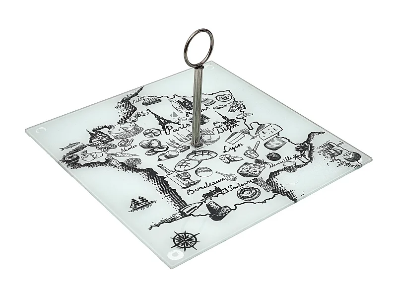 Plateau en verre FRANCE ET FROMAGES forme carte de la France beige et blanc