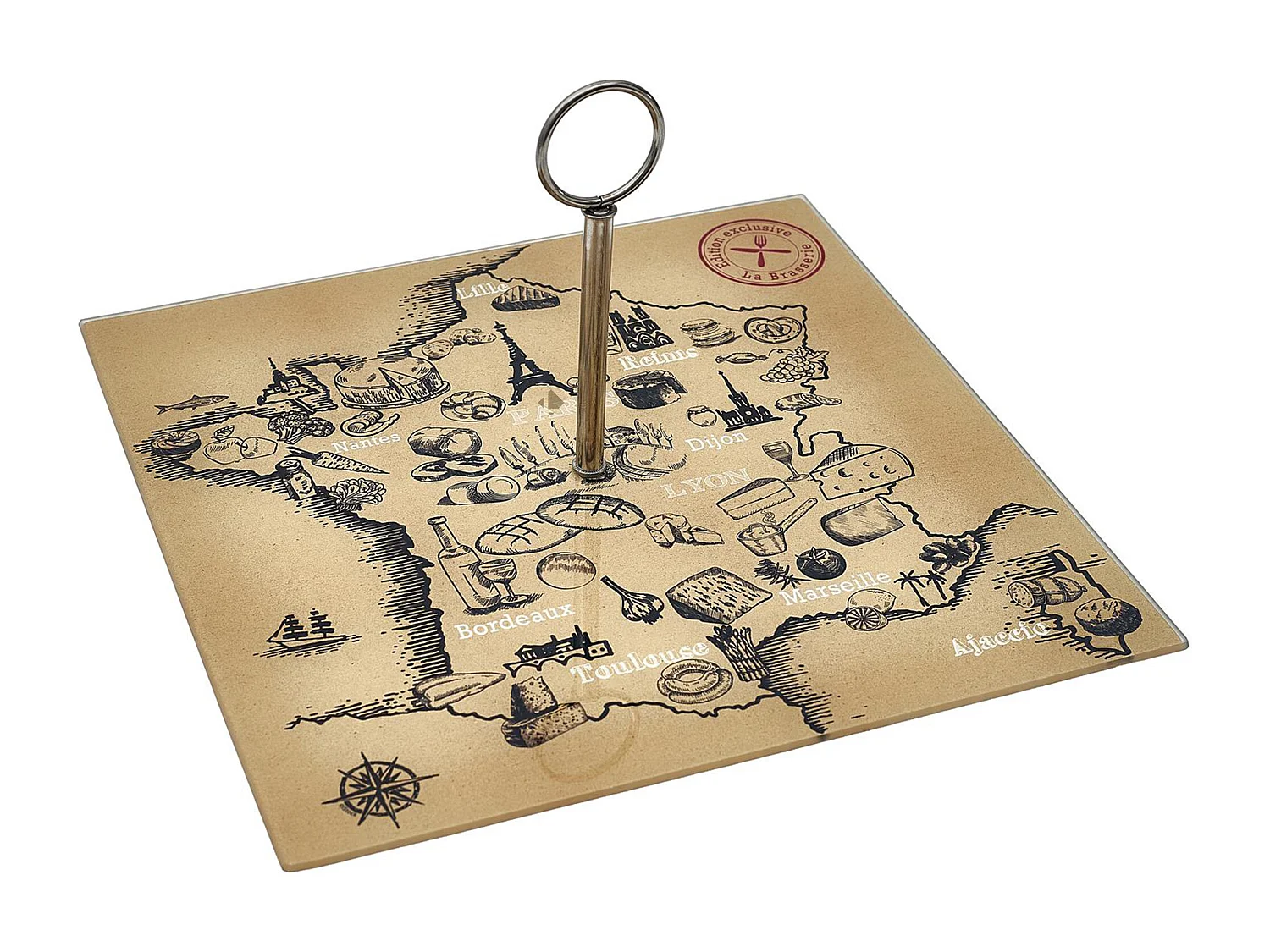 Plateau en verre FRANCE ET FROMAGES forme carte de la France beige et noir