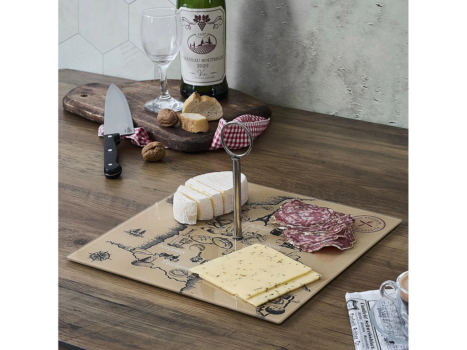 Plateau en verre FRANCE ET FROMAGES forme carte de la France beige et noir