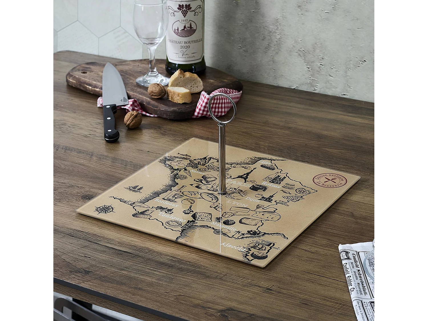 Plateau en verre FRANCE ET FROMAGES forme carte de la France beige et noir