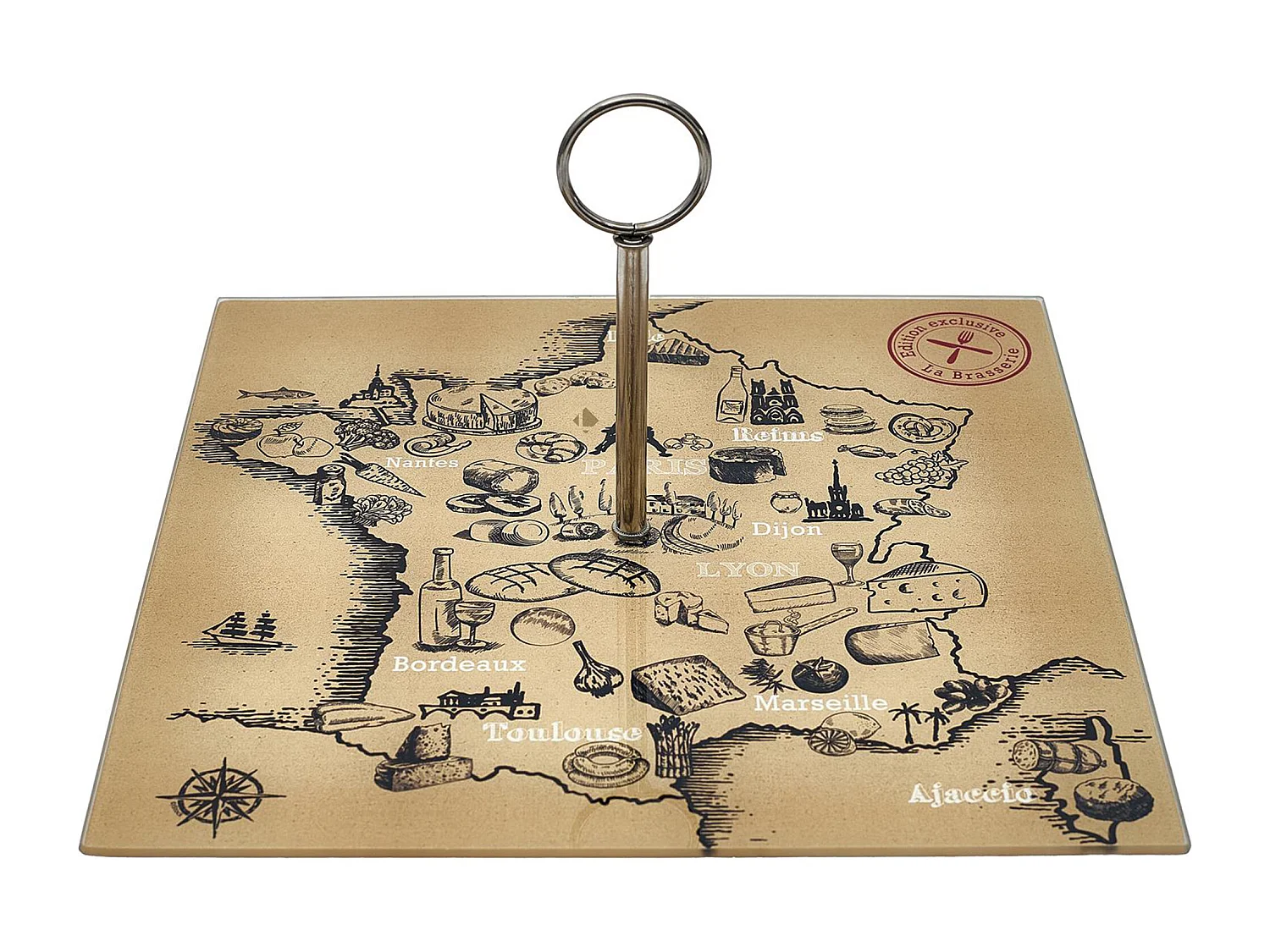 Plateau en verre FRANCE ET FROMAGES forme carte de la France beige et noir