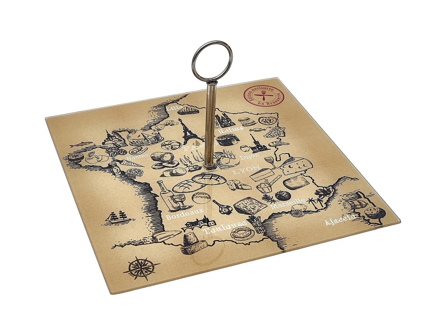 Plateau en verre FRANCE ET FROMAGES forme carte de la France beige et noir