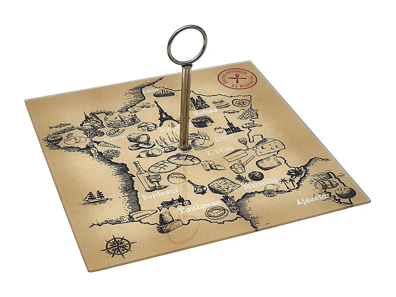 Plateau en verre FRANCE ET FROMAGES forme carte de la France beige et noir