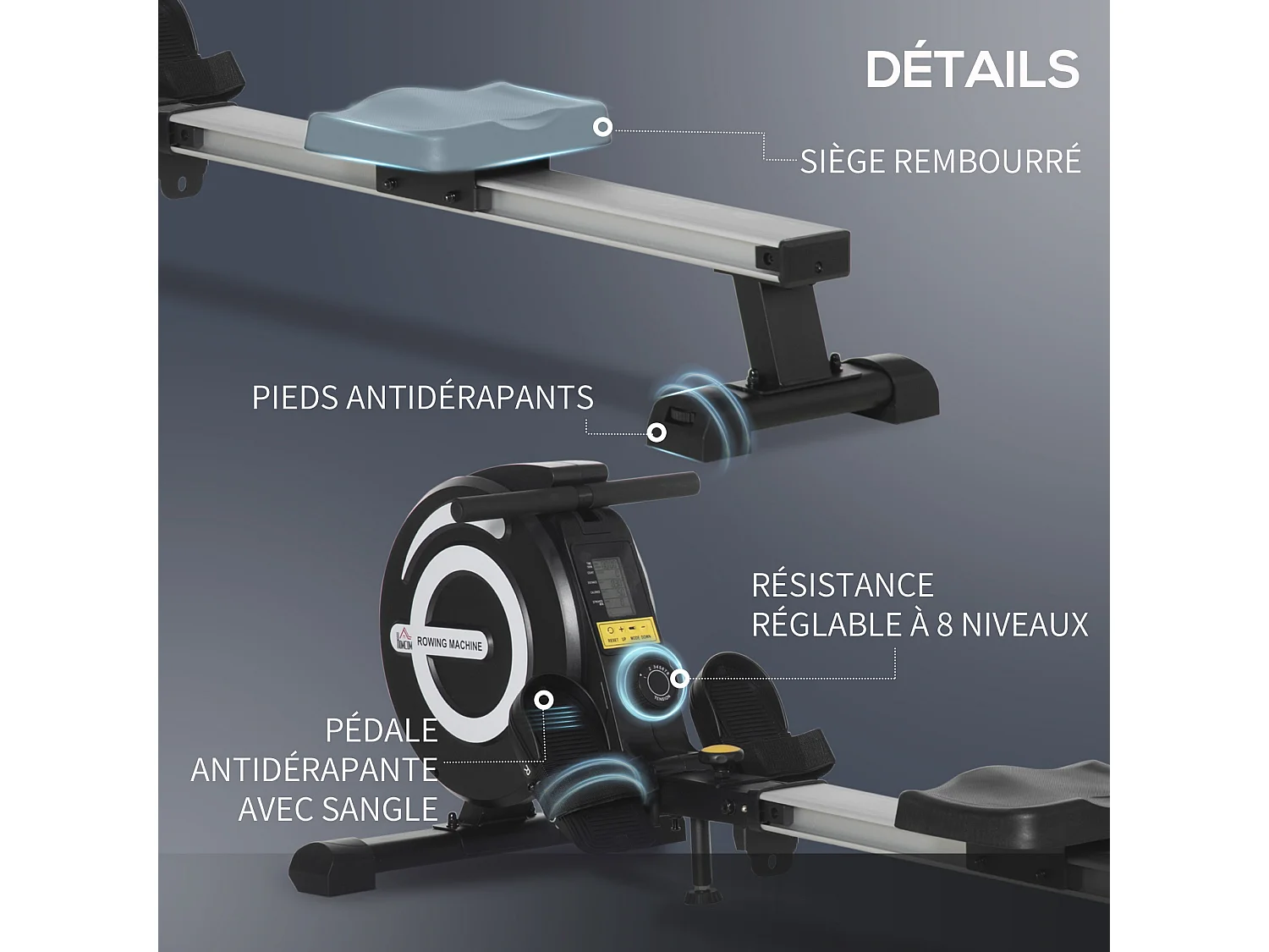 Rameur d'appartement pliable - 8 niveaux de résistance magnétique - écran LCD multifonction - acier alu. ABS noir blanc