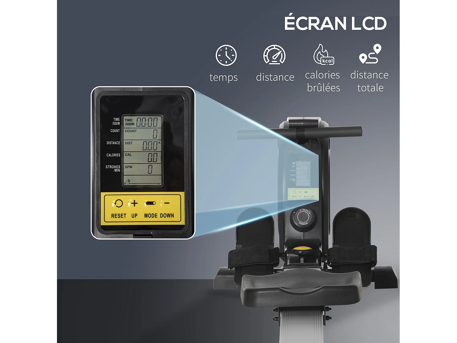 Rameur d'appartement pliable - 8 niveaux de résistance magnétique - écran LCD multifonction - acier alu. ABS noir blanc