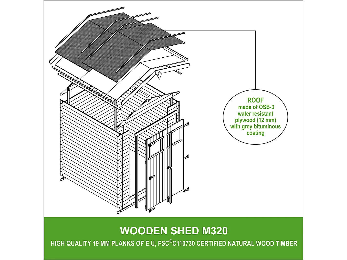 Abri de jardin en bois - I186xL196xH218 cm/ 2,82 m2 - M320