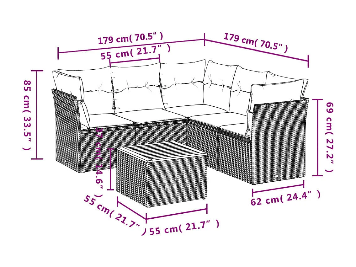 Salon de jardin 6 pièces avec coussins noir résine tressée