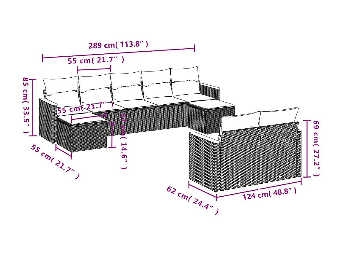 Set de muebles de jardín 9 piezas y cojines ratán sintético gris