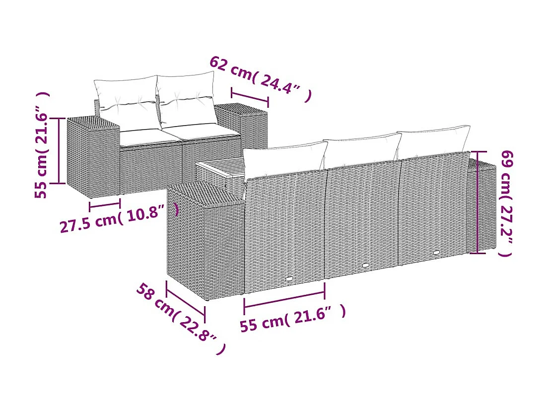 6-delige Loungeset met kussens poly rattan beige